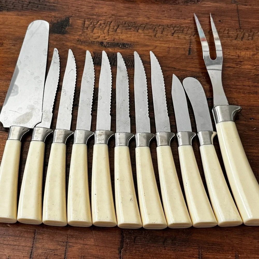 MCM Vintage 10 Regent Sheffield Kitchen Knives & One fork‎ Ivory Brown Leaf